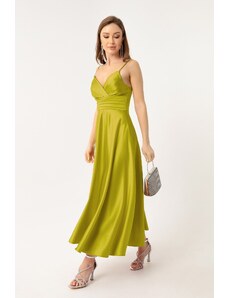 Lafaba Women's Pistachio Green Satin Midi Evening Dress &; Prom Dress with Rope Straps and Waist Belt.