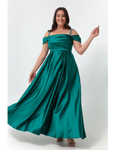 Lafaba Women's Emerald Green Stone Strap Draped Plus Size Long Evening Dress