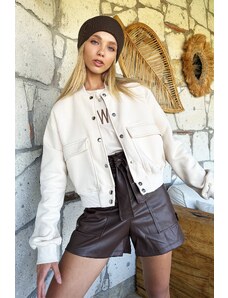 Trend Alaçatı Stili Γυναικεία Κρέμα Click Snap Συνδετήρας Διπλές τσέπες Crop Jacket