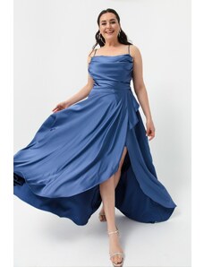 Lafaba Γυναικείο Indigo Plus Size Σατέν Βραδινό Φόρεμα με σχισμή. Φόρεμα Prom Prom.