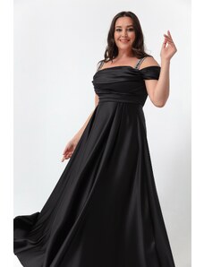 Lafaba Γυναικείο Μαύρο Πέτρινο Λουράκι Ντραπέ Plus Size Μακρύ Βραδινό Φόρεμα