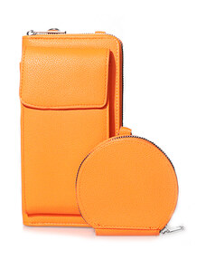 TSOUKALAS Τσαντάκι πορτοφόλι πορτοκαλί δερματίνη με θήκη κινητού και αποσπώμενο λουράκι