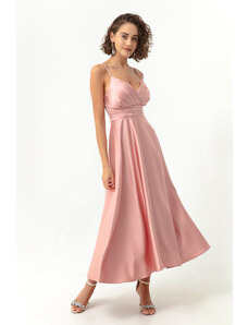 Lafaba Γυναικείο Ροζ Σατέν Μίντι Βραδινό Φόρεμα με Τιράντες Σχοινιού και Ζώνη Μέσης &; Φόρεμα Prom