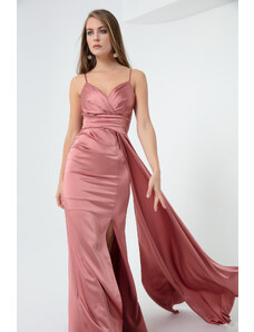 Lafaba Women's Salmon Straps Long Satin Evening Dress & Prom Dress