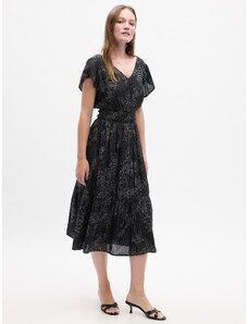 GAP Μαύρο Smocked Print Flutter-Sleeve Midi Φόρεμα