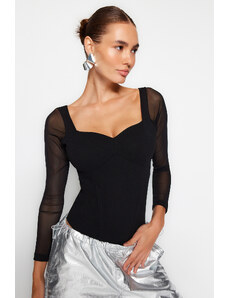 Trendyol Black Crepe Fitted/Sticky Tulle Sleeve Heart Neck Elastic Snaps Knitted Body