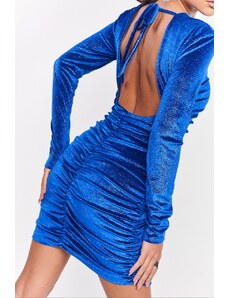 DeCoro Φόρεμα Mini Velvet Εξώπλατο με Glitter - ΜΠΛΕ