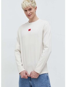 Βαμβακερή μπλούζα με μακριά μανίκια HUGO χρώμα: μπεζ