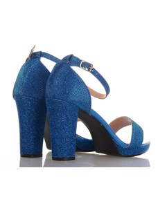 Famous Shoes Μπλε Πέδιλα με χοτρό τακούνι και στρας