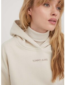 Βαμβακερή μπλούζα Tommy Jeans γυναικεία, χρώμα: μπεζ, με κουκούλα