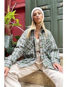 Trend Alaçatı Stili Women's Green Checkered Cachet Cotton Oversized Safari Jacket Shirt
