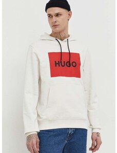 Βαμβακερή μπλούζα HUGO χρώμα: μπεζ, με κουκούλα