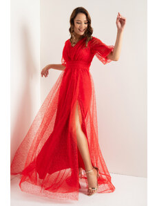 Lafaba Γυναικείο Κόκκινο Μπαλόνι Μανίκι Ασημί Μακρύ Βραδινό Φόρεμα