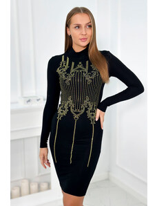 Kesi Knitted dress with a gold pattern of cubic zirconia in black color