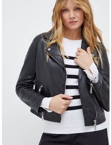 Δερμάτινο jacket Guess γυναικεία, χρώμα: μαύρο