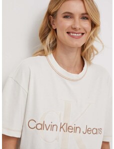 Βαμβακερό μπλουζάκι Calvin Klein Jeans γυναικεία, χρώμα: μπεζ