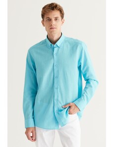 AC&Co / Altınyıldız Classics Men's Turquoise Slim Fit Buttoned Collar Linen Look 100% Cotton Flared Shirt