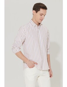 AC&Co / Altınyıldız Classics Men's Beige-white Slim Fit Slim Fit Shirt with Hidden Buttons Collar Cotton Shirt