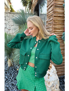 Trend Alaçatı Stili Γυναικείο Πράσινο Snap Κλείσιμο Διπλή Τσέπη Εσωτερική Ανύψωση Crop Jacket
