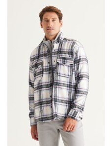 AC&Co / Altınyıldız Classics Ανδρικά Εκρού Μπλε Oversize Wide Cut Buttoned Collar Pocket Checkered Lumberjack Winter Shirt Jacket