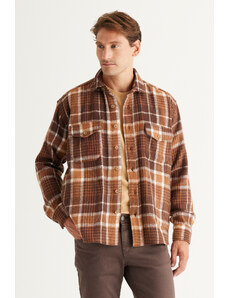 AC&Co / Altınyıldız Classics Ανδρικό Βιζόν-καφέ Oversize Wide Cut Buttoned Collar Plaid Winter Shirt Jacket
