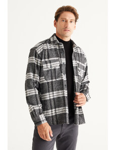 AC&Co / Altınyıldız Classics Ανδρικό Μαύρο-Γκρι Oversize Wide Cut Buttoned Collar Plaid Lumberjack Winter Shirt Jacket