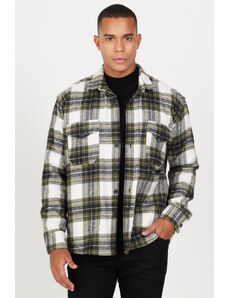 AC&Co / Altınyıldız Classics Ανδρικά Εκρού Χακί Oversize Wide Cut Buttoned Collar Pocket Checkered Lumberjack Winter Shirt Jacket