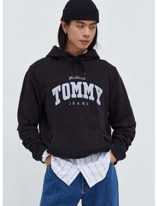 Βαμβακερή μπλούζα Tommy Jeans χρώμα: μαύρο, με κουκούλα