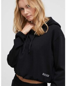 Βαμβακερή μπλούζα Guess γυναικεία, χρώμα: μαύρο, με κουκούλα