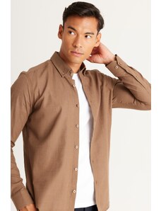 AC&Co / Altınyıldız Classics Men's Brown Slim Fit Buttoned Collar Linen Look 100% Cotton Flared Shirt