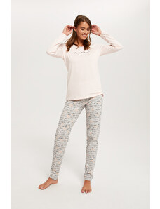 Italian Fashion Women's pajamas Karla, long sleeves, long legs - salmon pink/print
