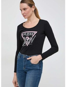 Βαμβακερή μπλούζα με μακριά μανίκια Guess χρώμα: μαύρο