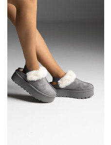 LOVEFASHIONPOINT Slippers Γυναικεία Γκρί με Υφή Suede και Γούνα