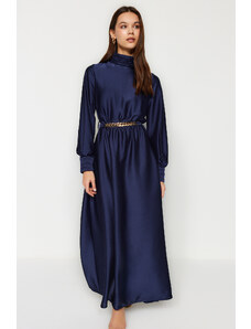 Trendyol Navy Blue Collar and Cuff Draped Detail Belted Woven Evening Dress