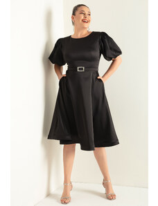 Lafaba Γυναικείο Μαύρο Μπαλόνι Μανίκι Πέτρα Belted Plus Size Σατέν Βραδινό Φόρεμα