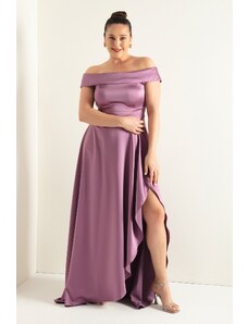 Lafaba Γυναικεία Λεβάντα Boat Neck Plus Size Σατέν Βραδινό φόρεμα &; Prom φόρεμα