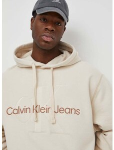 Βαμβακερή μπλούζα Calvin Klein Jeans χρώμα: μπεζ, με κουκούλα
