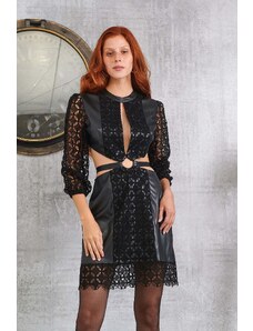 Lace Φόρεμα Mini Δερματίνη Με Άνοιγμα Στη Μέση Μαύρο