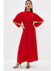 Trendyol Κόκκινο Belted μισό μανίκι υφαντό φόρεμα