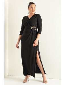Lafaba Γυναικείο Μαύρο Διπλό Στήθος Κολάρο Φτωχό Μανίκι Plus Size Μακρύ Βραδινό Φόρεμα