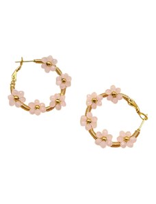 Charmy Ατσάλινα σκουλαρίκια κρίκοι επιχρυσωμένοι με ροζ λουλούδια (E1126)