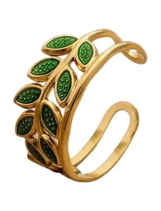 charmy.gr Ατσάλινο ρυθμιζόμενο δαχτυλίδι με πράσινα φύλλα (R1241)