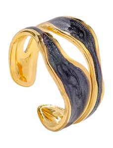 charmy.gr Ατσάλινο ρυθμιζόμενο δαχτυλίδι διπλό με μαύρο σμάλτο (R1228)