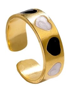 charmy.gr Ατσάλινο ρυθμιζόμενο δαχτυλίδι χρυσό με μαύρες και άσπρες καρδιές με σμάλτο (R1274)
