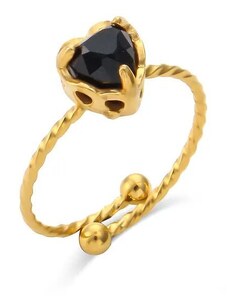 charmy.gr Ατσάλινο ρυθμιζόμενο δαχτυλίδι χρυσό με μαύρη πέτρα ζιργκόν (R1284)