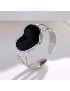 charmy.gr Ατσάλινο δαχτυλίδι καρδιά με μαύρο σμάλτο χρώμα ασημί one size (R1331)