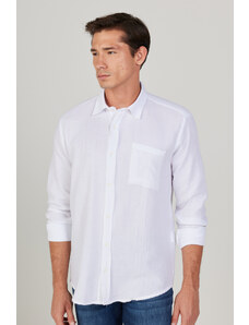 AC&Co / Altınyıldız Classics Men's White Comfort Fit Wide Cut, Classic Collar 100% Cotton Muslin Shirt.