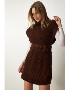 Happiness İstanbul Women's Brown Turtleneck Belted Knitwear Sweater