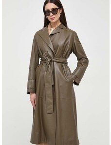 Δερμάτινο παλτό BOSS γυναικεία, χρώμα: καφέ