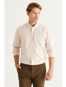 AC&Co / Altınyıldız Classics Men's Beige Slim Fit Slim Fit Buttoned Collar Linen Look 100% Cotton Flamed Shirt
